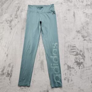 Adidas Leggings Womens S Green Climalite Logo Spellout Athletic Yoga Running Gym